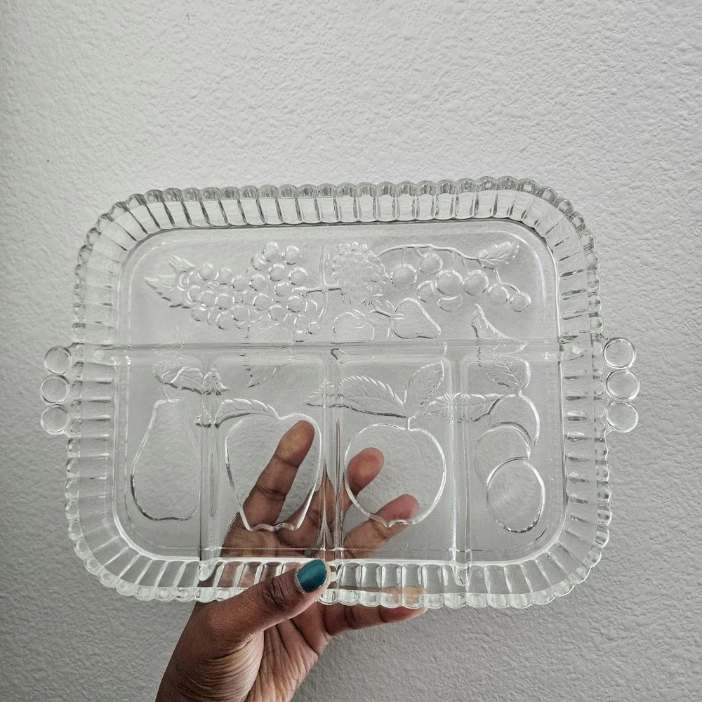 VTG Indiana Glass 5Part Relish Tray Platter with Fruit Design Crystal Happenings